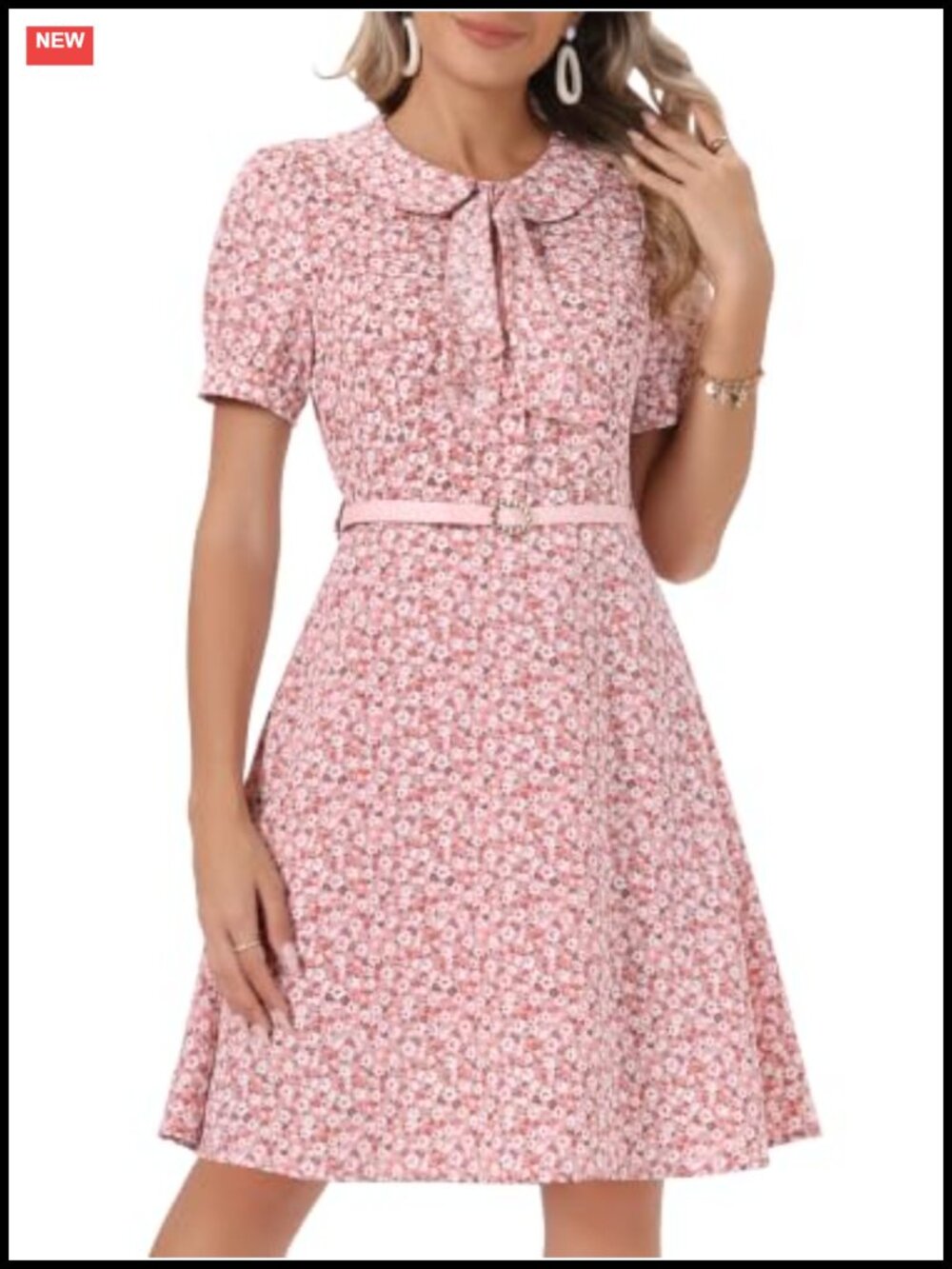 Allegra K Peter Pan Collar Dress with Belt Button Up Puff Sleeve Casual